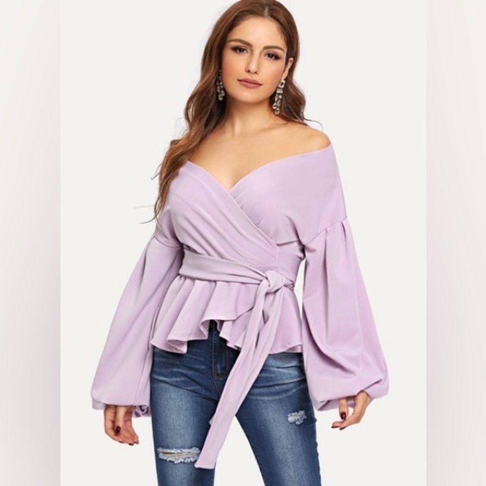 Shein Lantern Sleeve Surplice Peplum Blouse